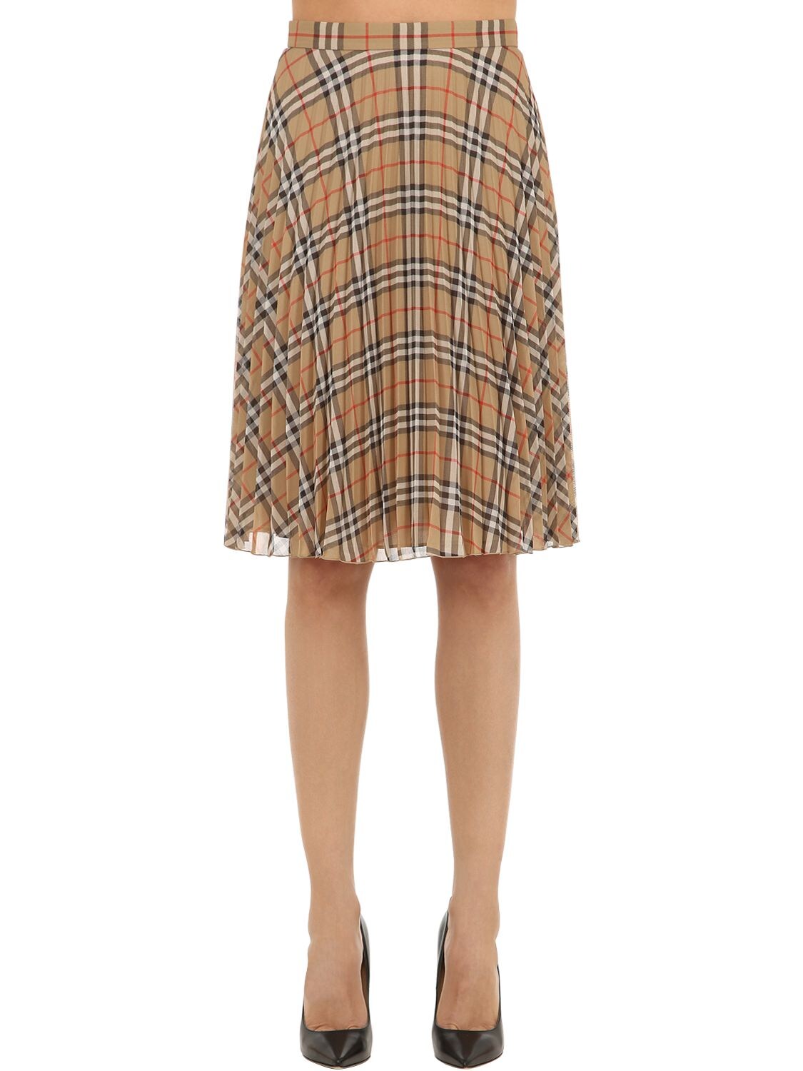 BURBERRY 褶饰格纹科技织物中长半身裙,69I5CE011-QTCWMJG1