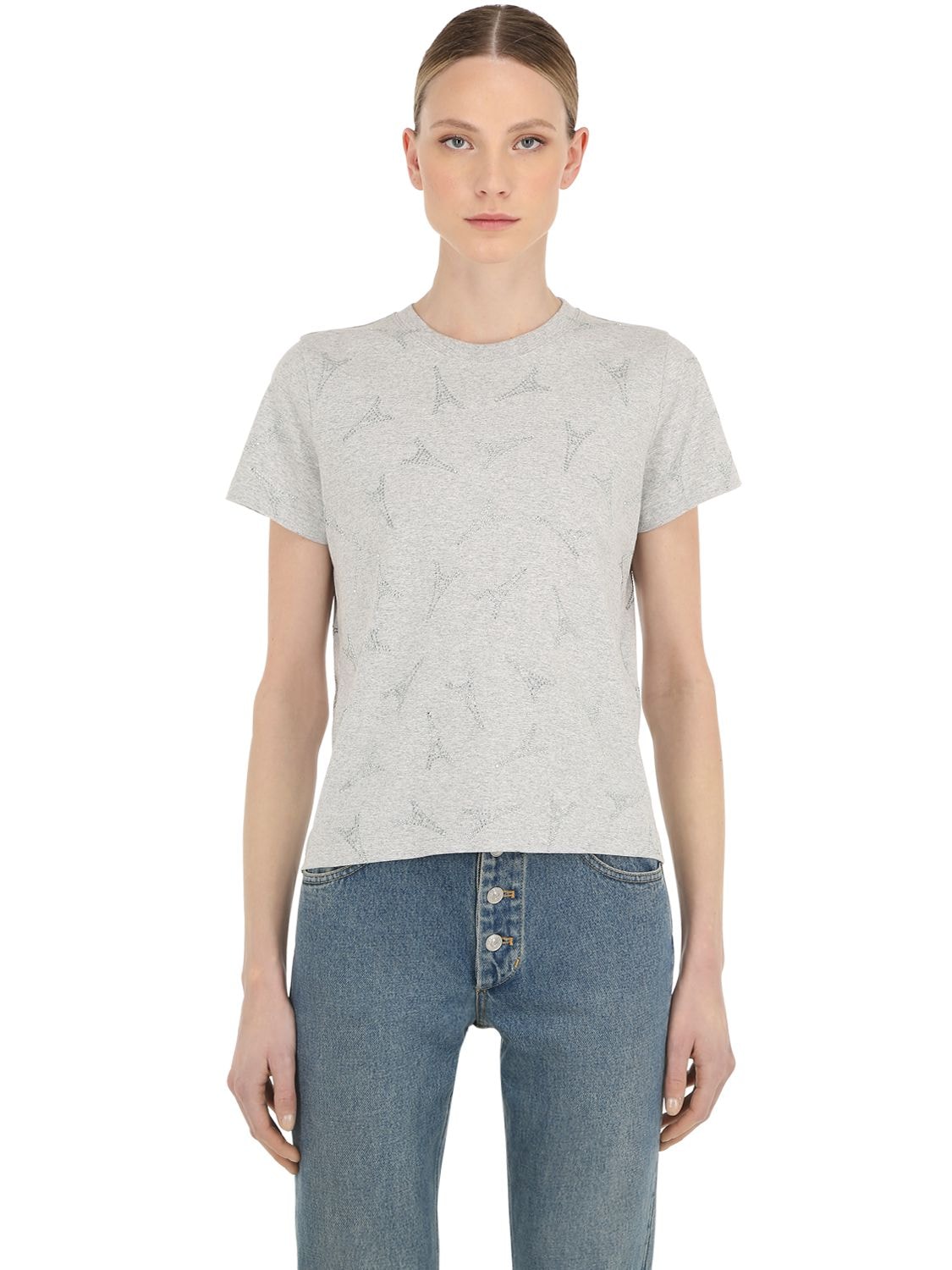 Balenciaga Eiffel Tower Embellished Cotton T-shirt In Heather Grey