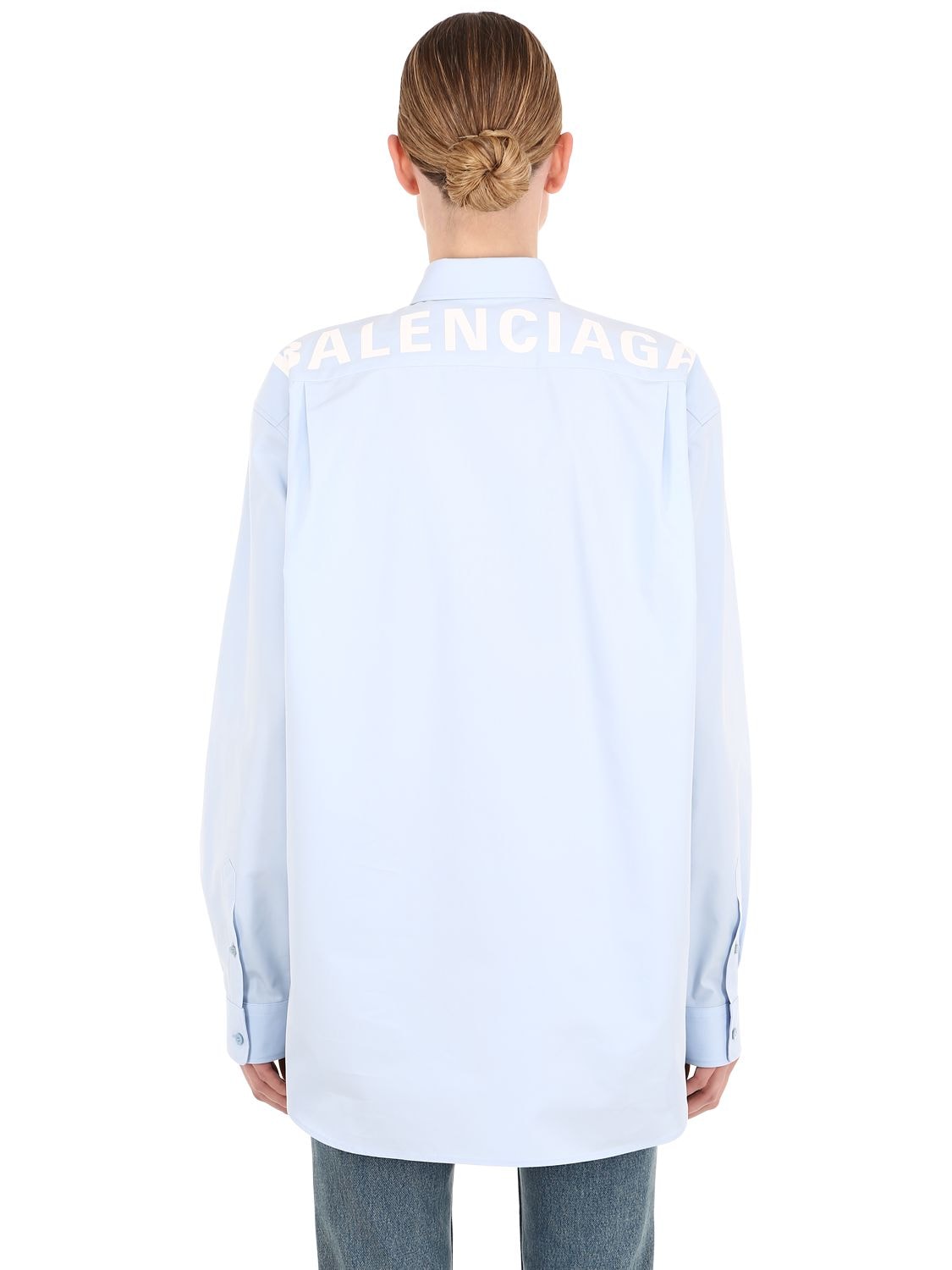 Balenciaga Back Logo Cotton Poplin Shirt In Light Blue