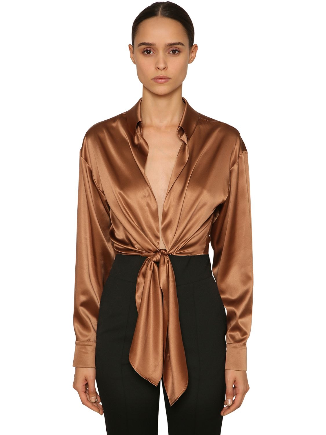 Alexandre Vauthier Knotted Stretch Satin Crop Top In Brown