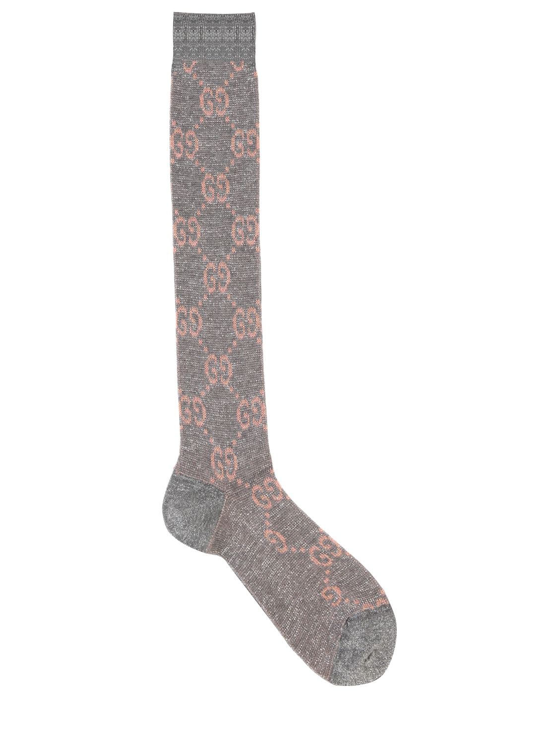Gucci Gg Supreme Lurex Socks In Grey/pink