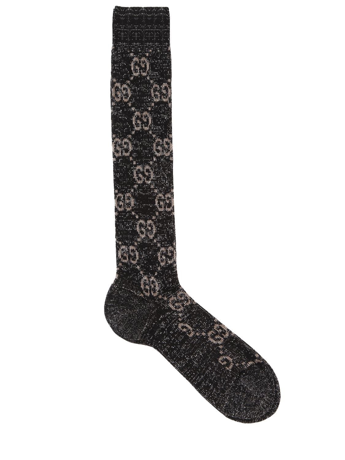 Gucci Gg Supreme Lurex Socks In Black/grey