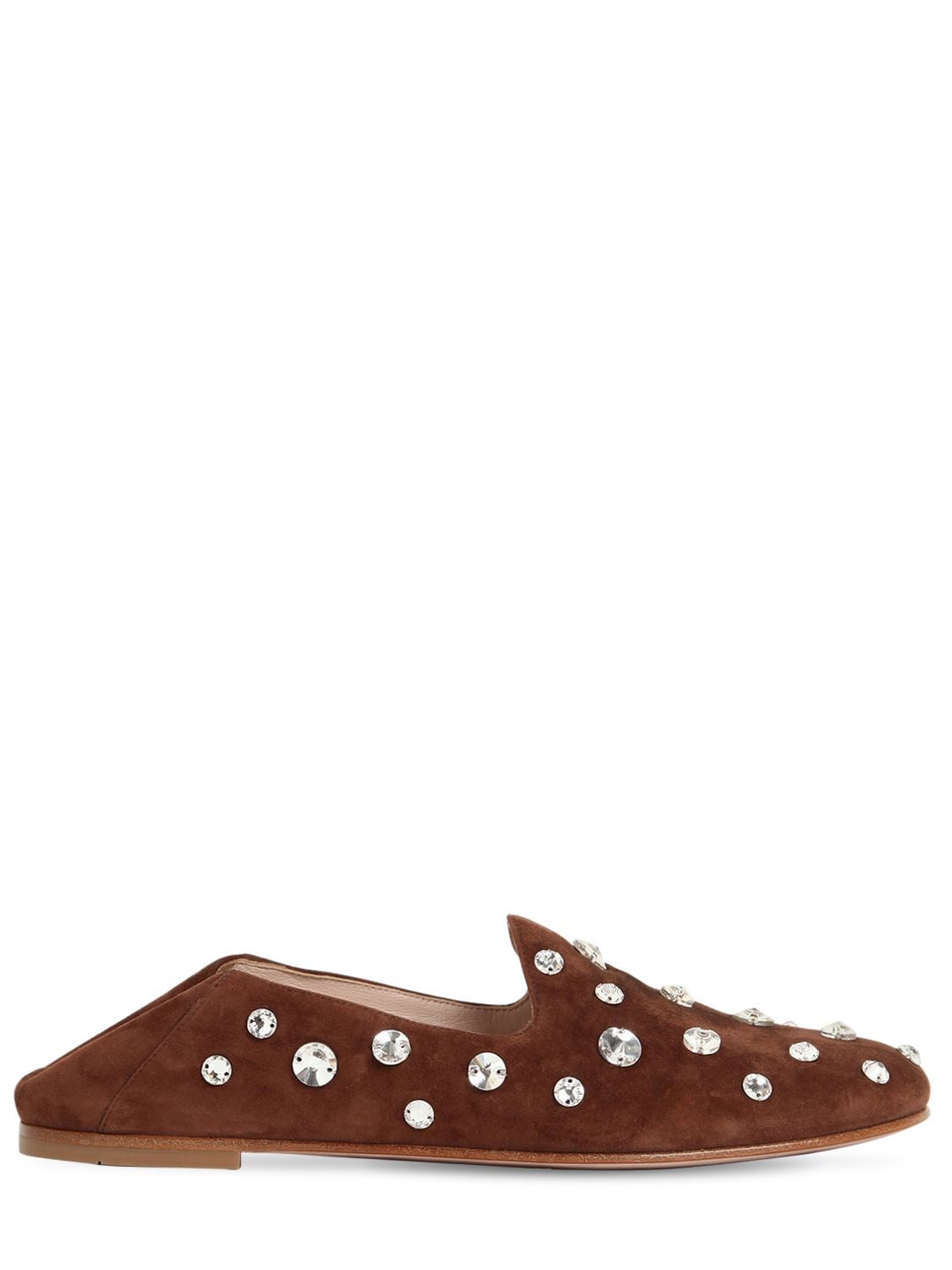 Miu Miu 10mm Embellished Suede Loafers In Brown