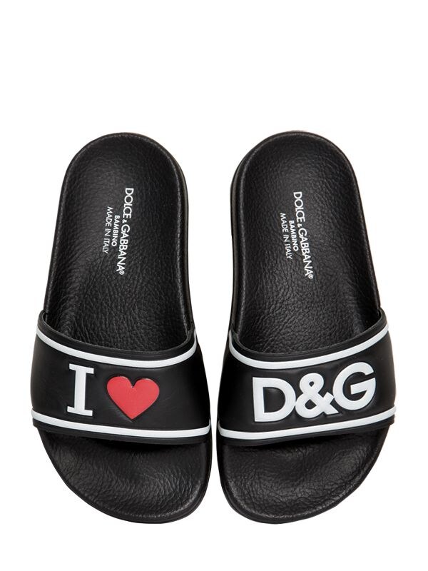 DOLCE & GABBANA LOGO EMBOSSED LEATHER SLIDE SANDALS,69I6T9002-OEI0MZG1