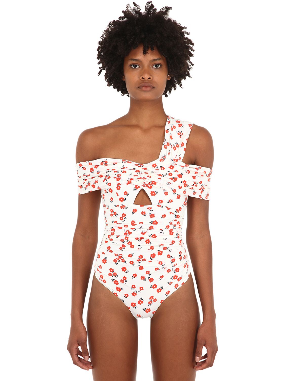 Draped Floral Print One Piece Swimsuit