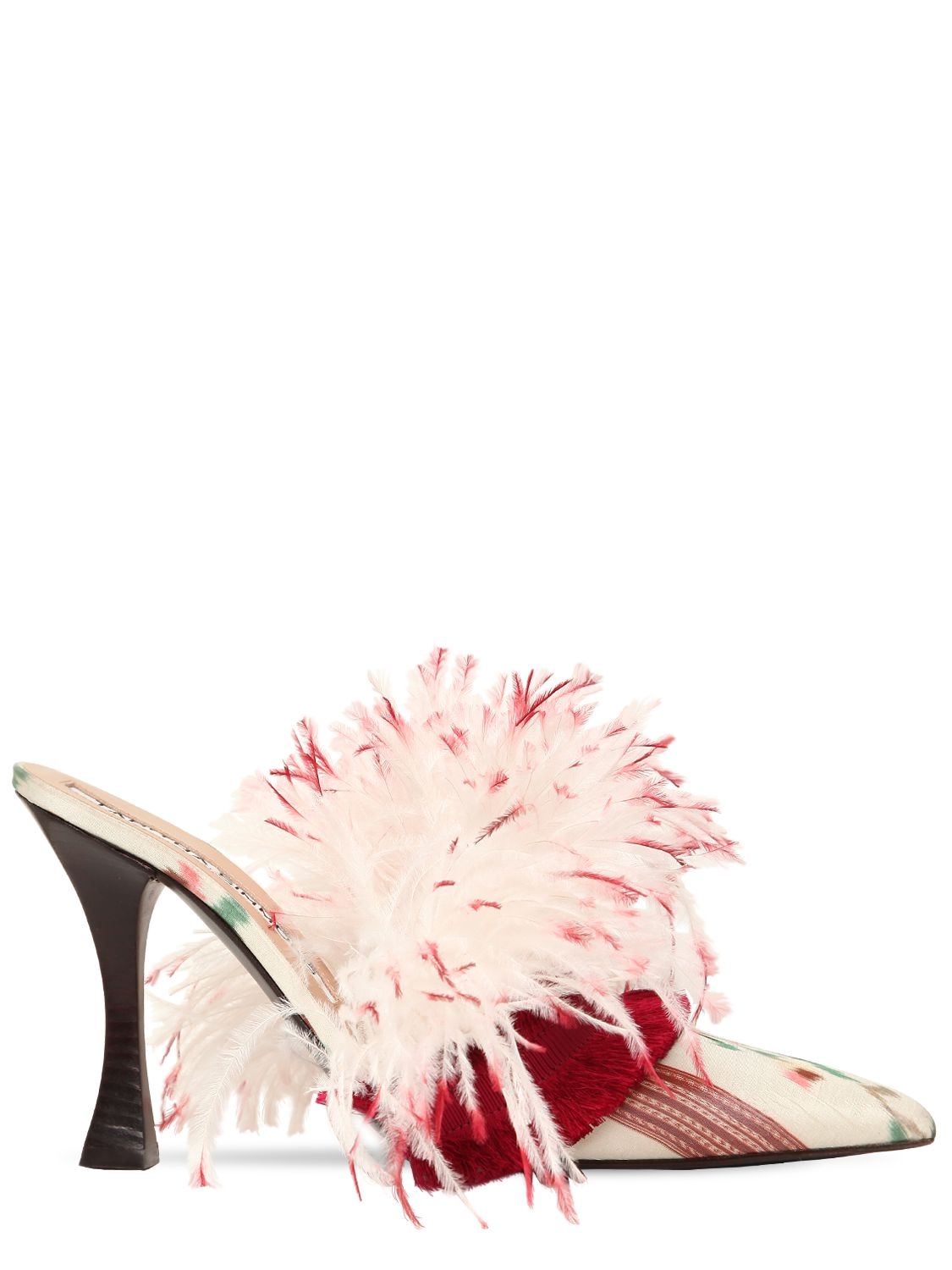 Tabitha Simmons For Brock Collection 100mm Feather & Satin Mules In Ivory,red