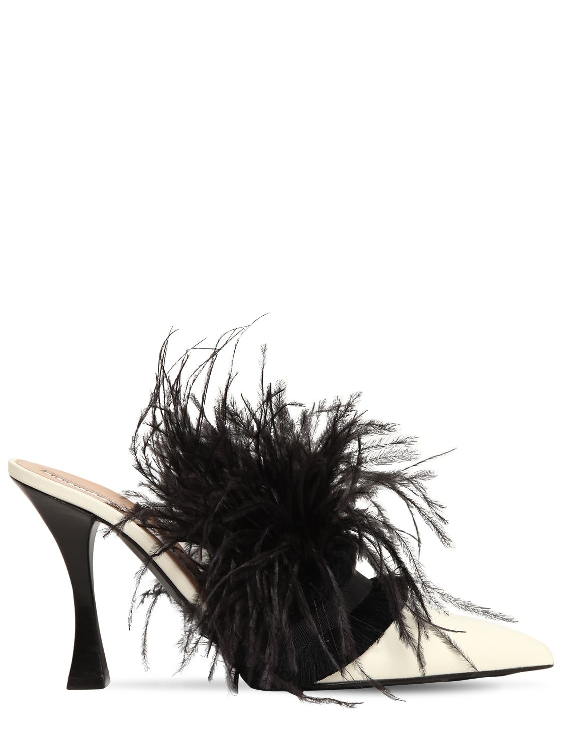 Tabitha Simmons For Brock Collection 100mm Leather & Feather Mules In White,black