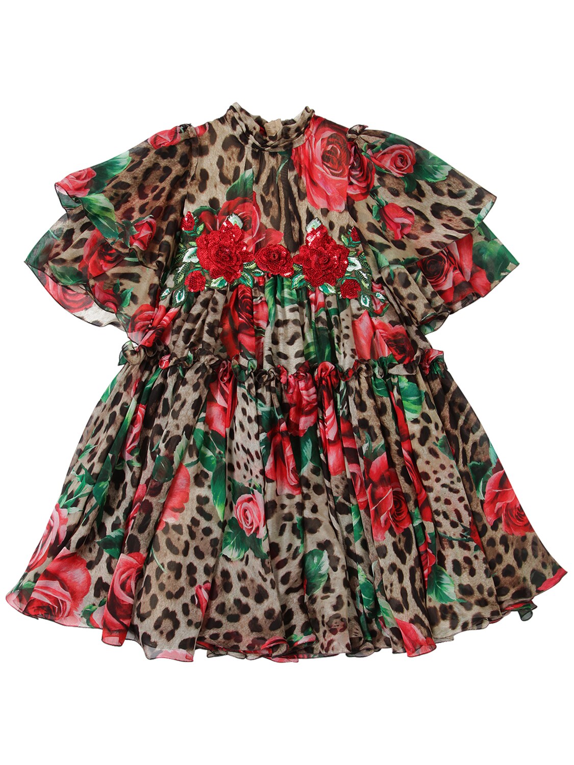 Dolce & Gabbana Kids' Rose & Leopard Print Silk Chiffon Dress In Multicolor