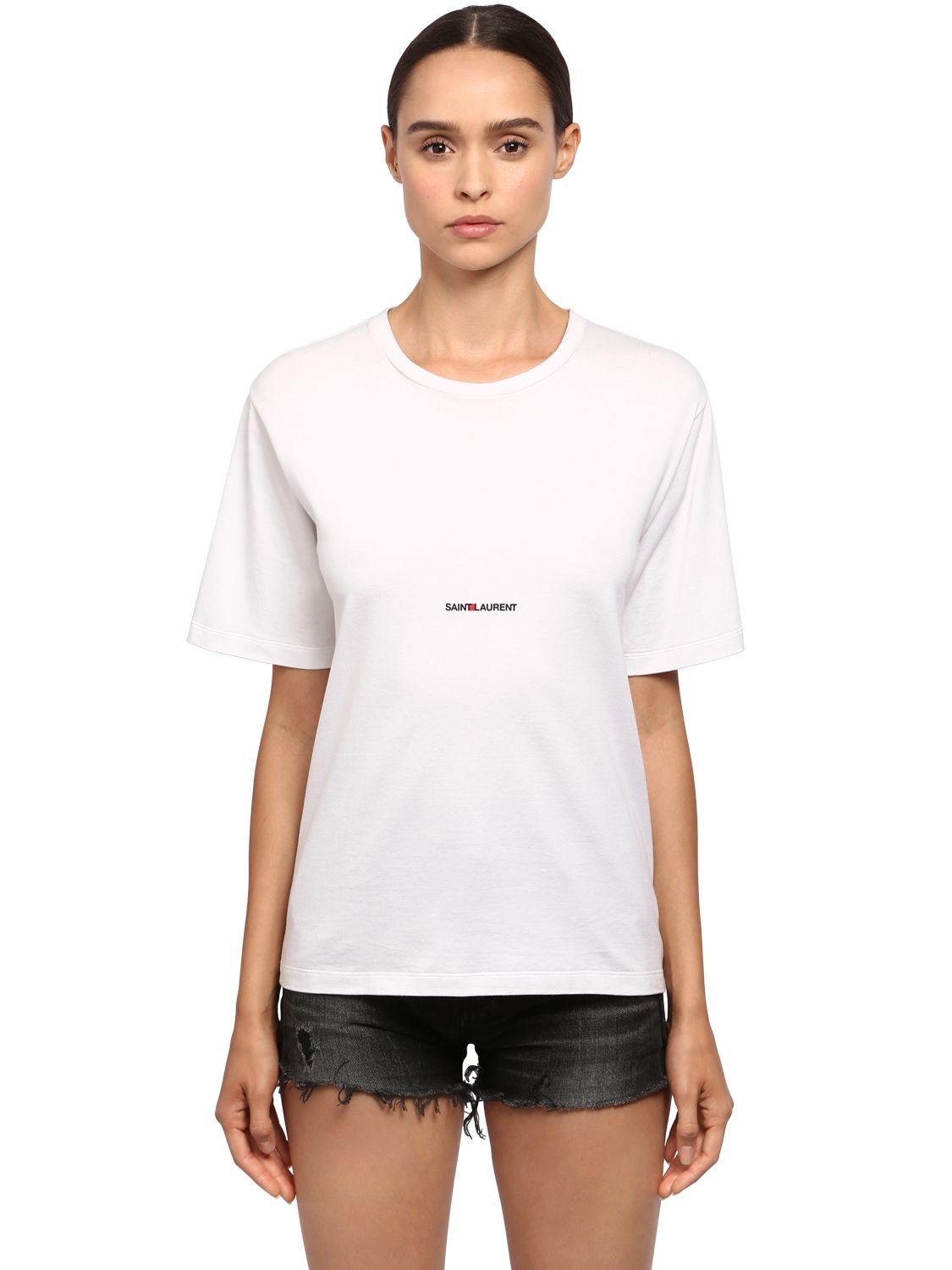 Shop Saint Laurent Loose Logo Print Cotton Jersey T-shirt In White