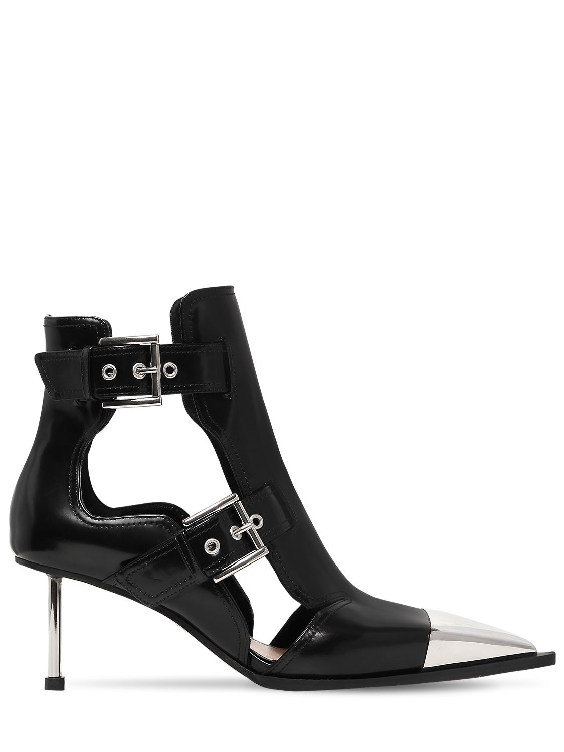 Alexander Mcqueen 65mm Leather Ankle Boots W/ Cut Outs In Black,silver