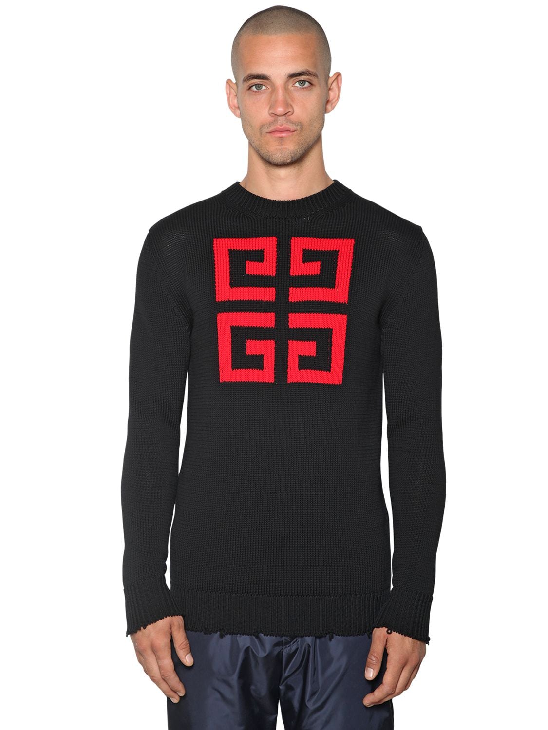 Givenchy 4g Logo Intarsia Cotton Crewneck Sweater In 009 Black Red ...