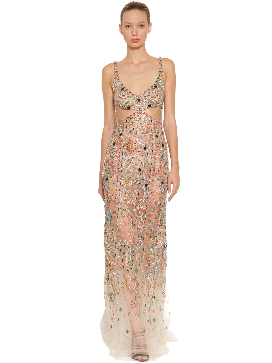 Roberto Cavalli Embellished Stretch Tulle Long Dress In White