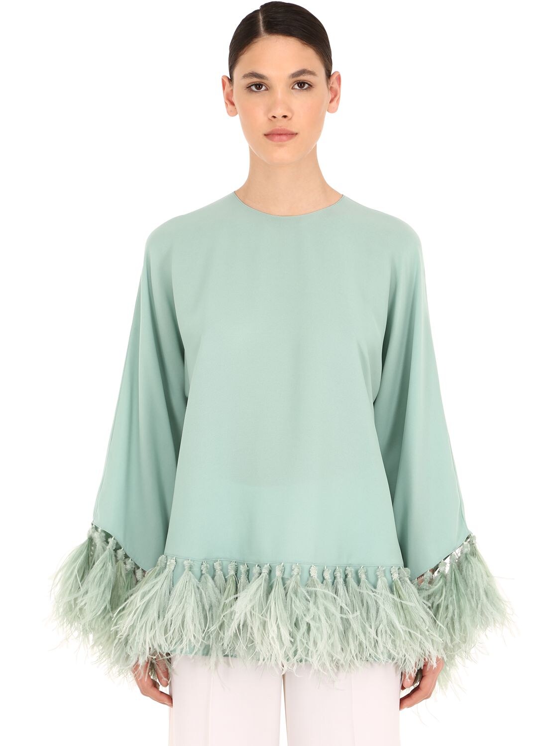 VALENTINO SILK GEORGETTE TOP W/ FEATHERS,69IAE6027-NVCW0