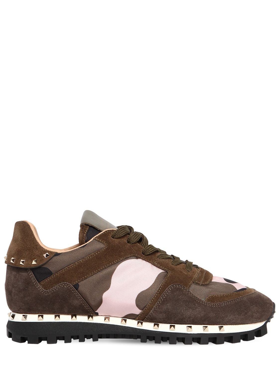 Valentino Garavani Studded Sole Camouflage & Suede Sneakers In Green,pink