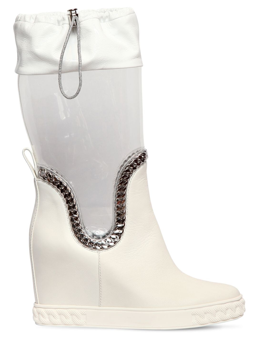 Casadei 80mm Plexi & Leather Wedge Boots In White