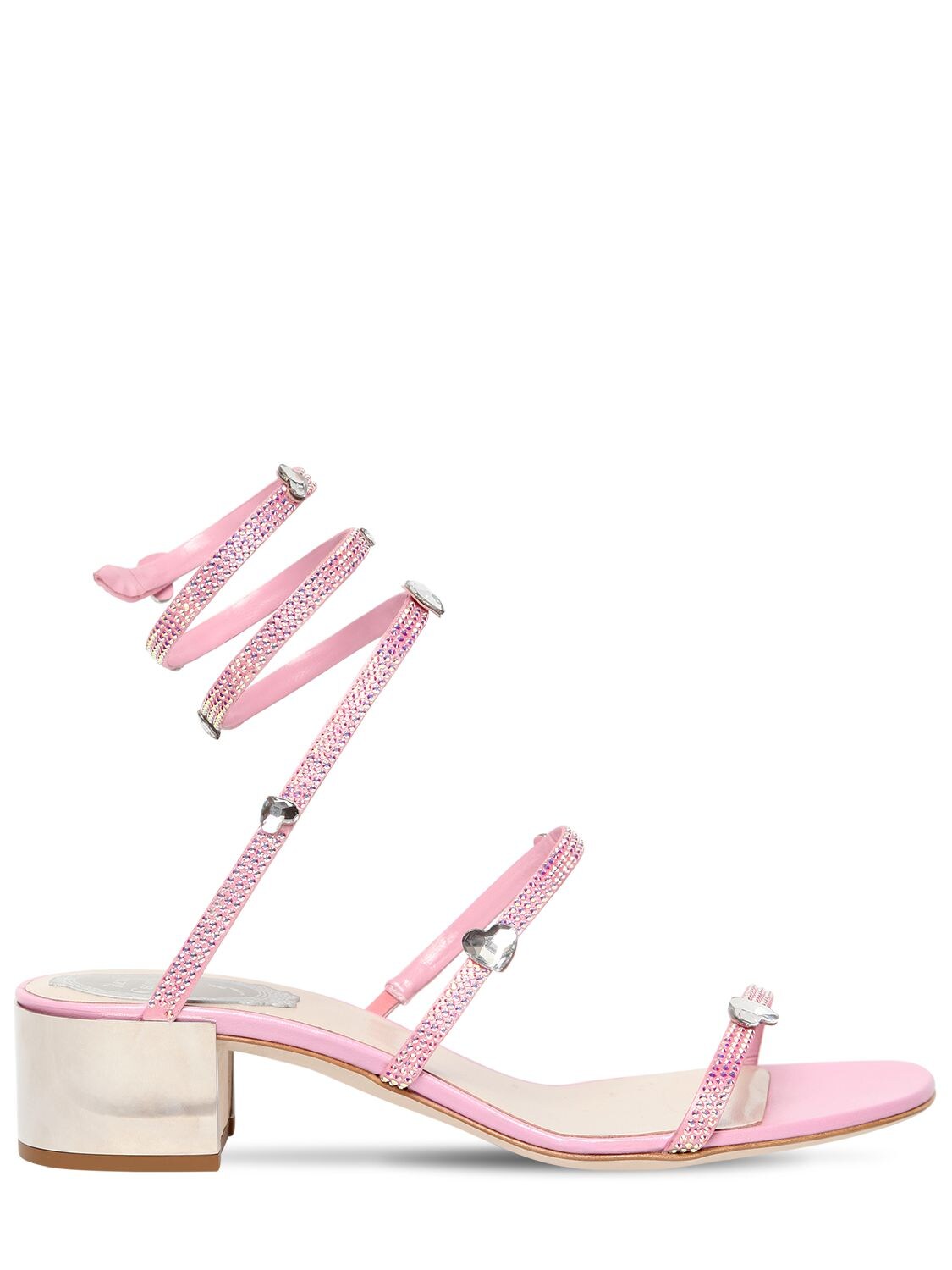 René Caovilla Snake-wrap Satin Block-heel Sandal With Hearts In Pink