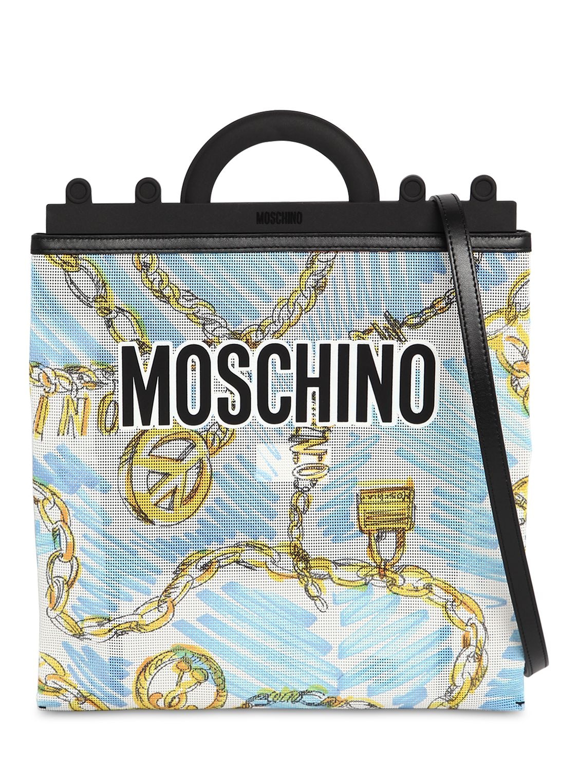 Moschino Medium Chain Print Tote Bag In White,blue