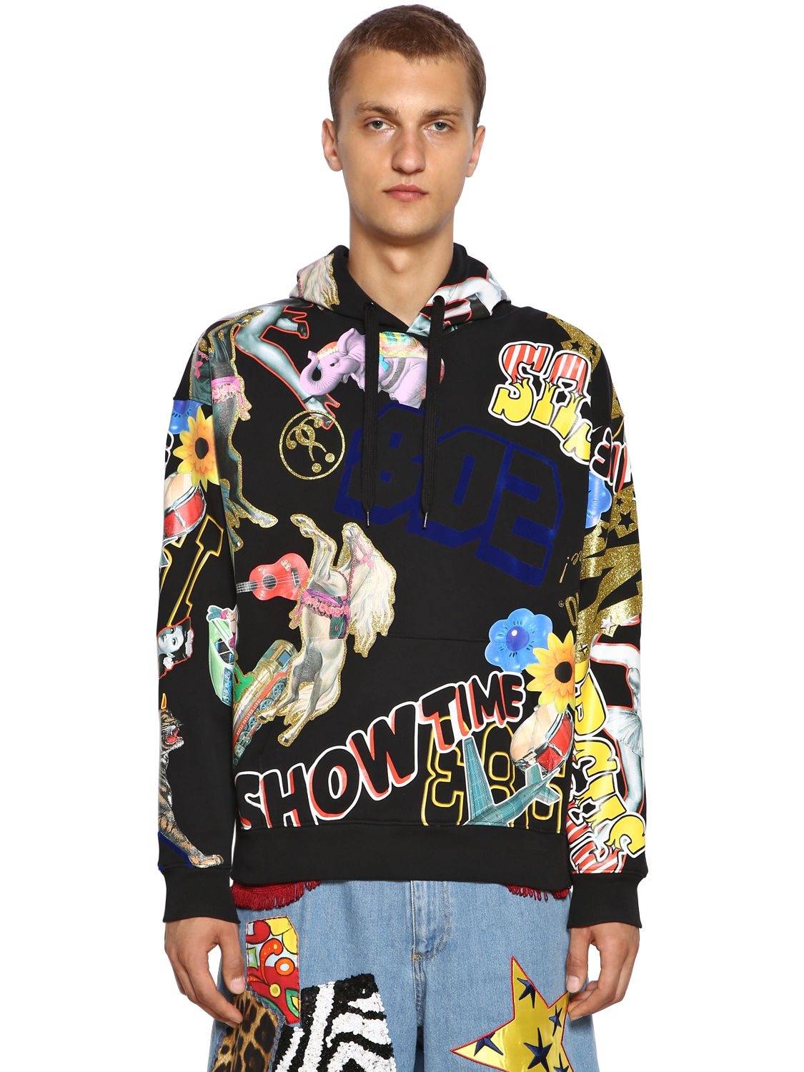 Moschino Printed & Flocked Cotton Sweater W/ Hood In Black