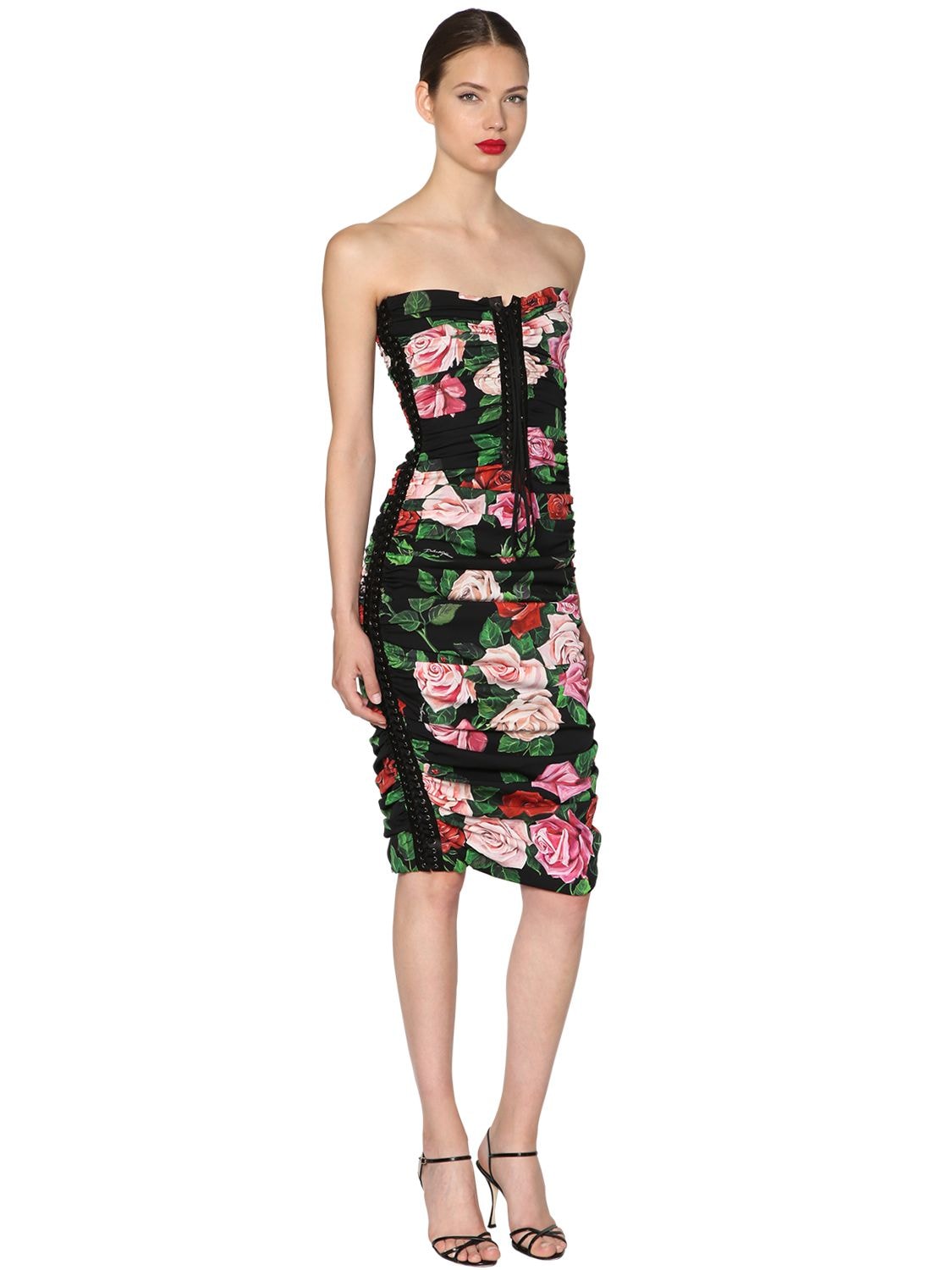 Dolce & Gabbana Floral Printed Lace Up Midi Dress In Multicolor