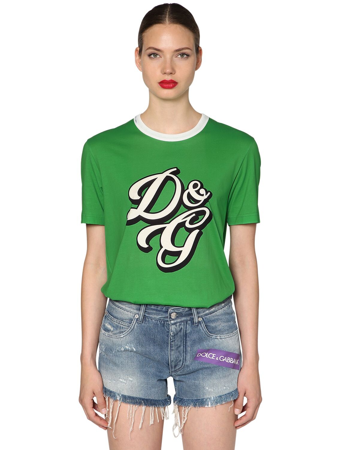 Dolce & Gabbana Logo Printed Cotton Jersey T-shirt In Green