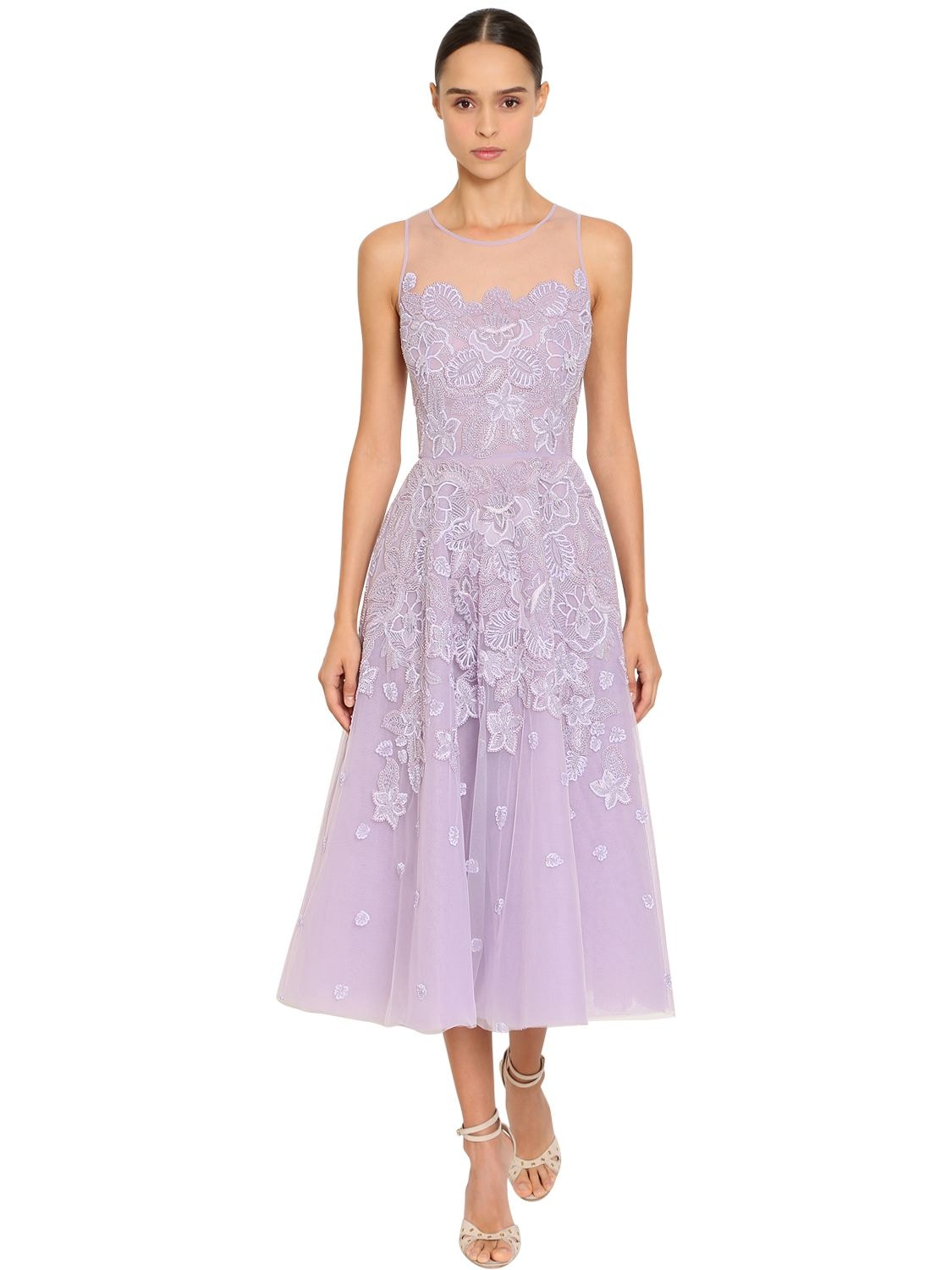 Zuhair Murad Lace & Tulle Midi Dress In Lilac
