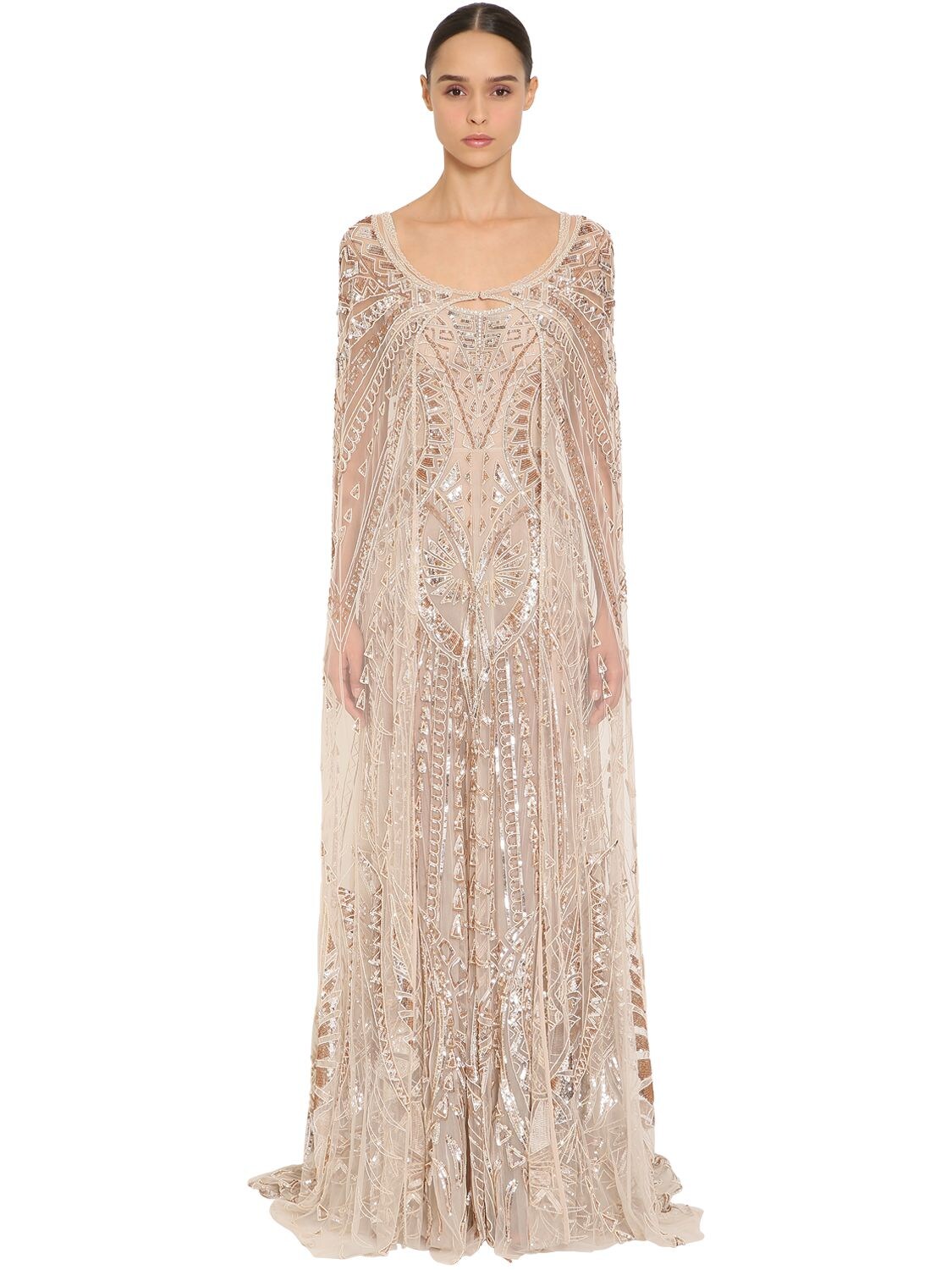 Zuhair Murad Long Embellished Tulle Cape In Gold