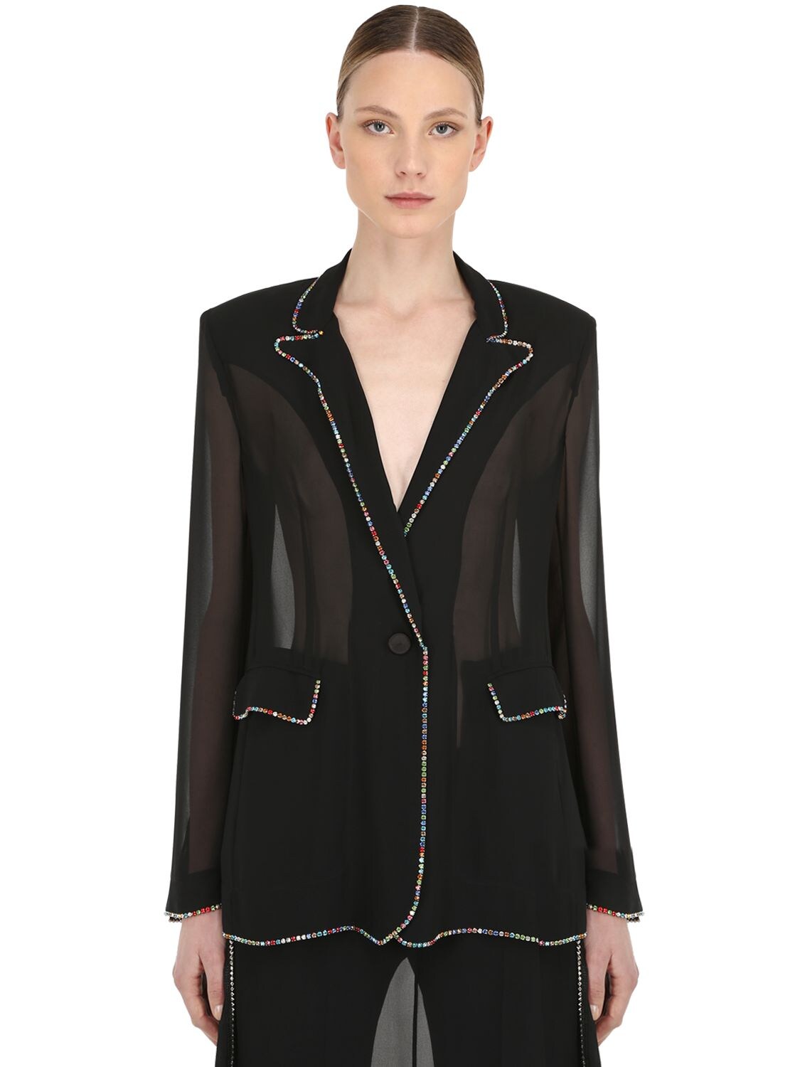 Marco De Vincenzo Embellished Georgette Blazer Jacket In Black