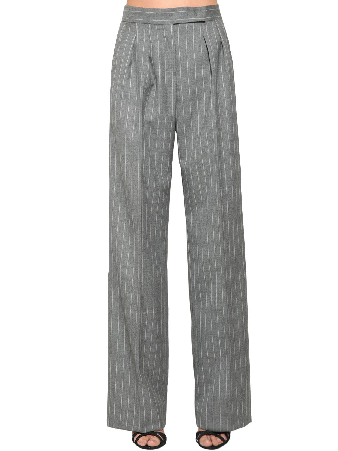 Max Mara Pin Stripe Wide Leg Cool Wool Pants In Grey