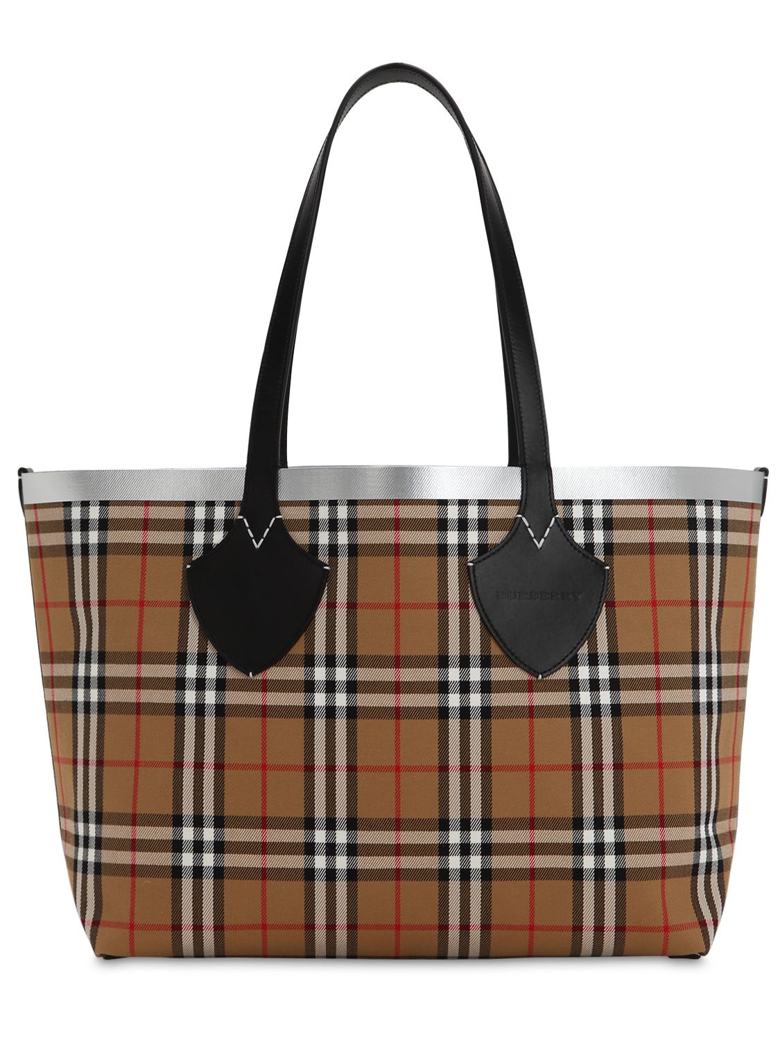 Burberry Giant Checked Cotton & Leather Tote Bag In Beige,silver | ModeSens
