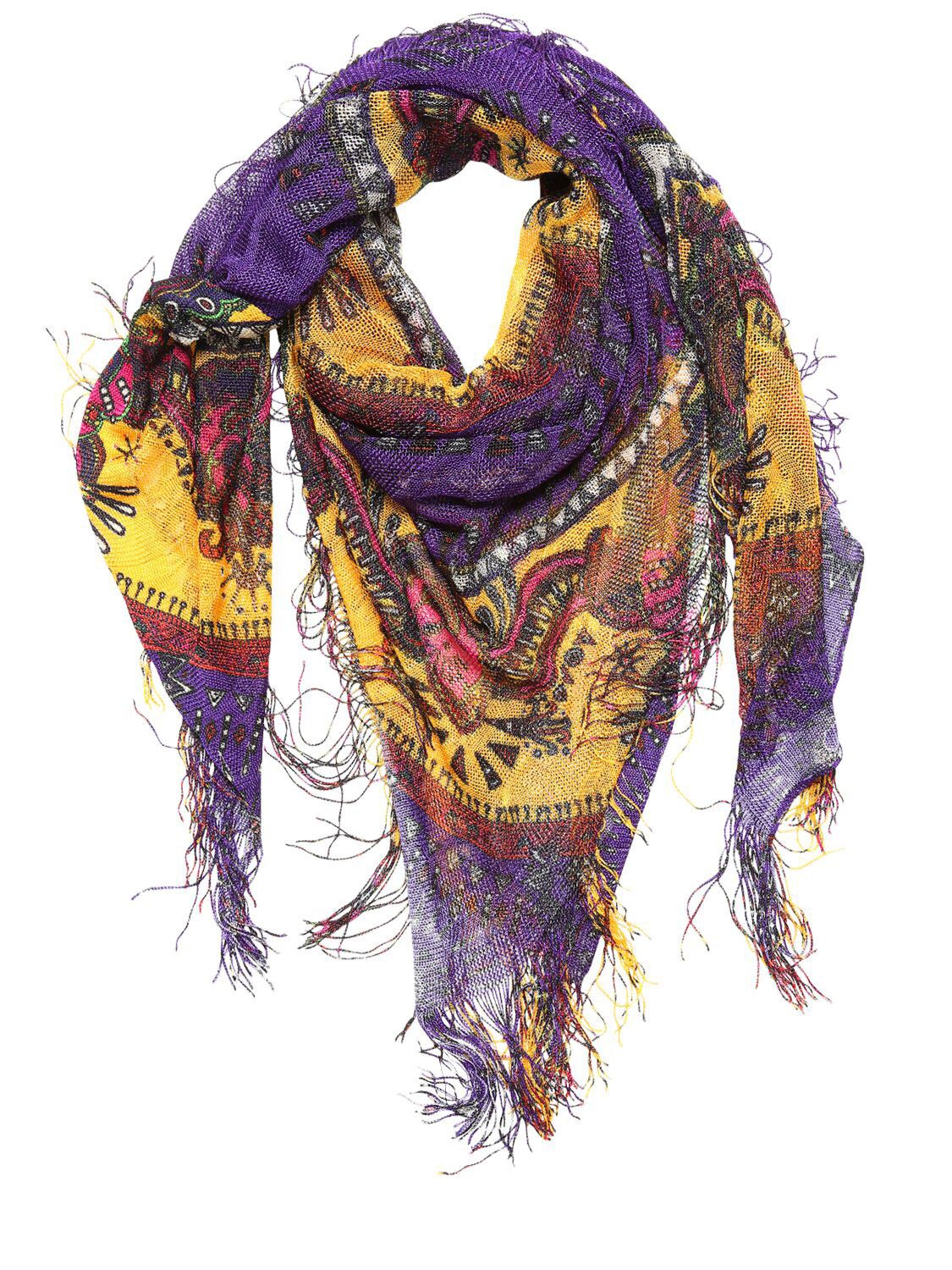 Etro Goa Printed Silk Scarf W/ Fringes In Purple