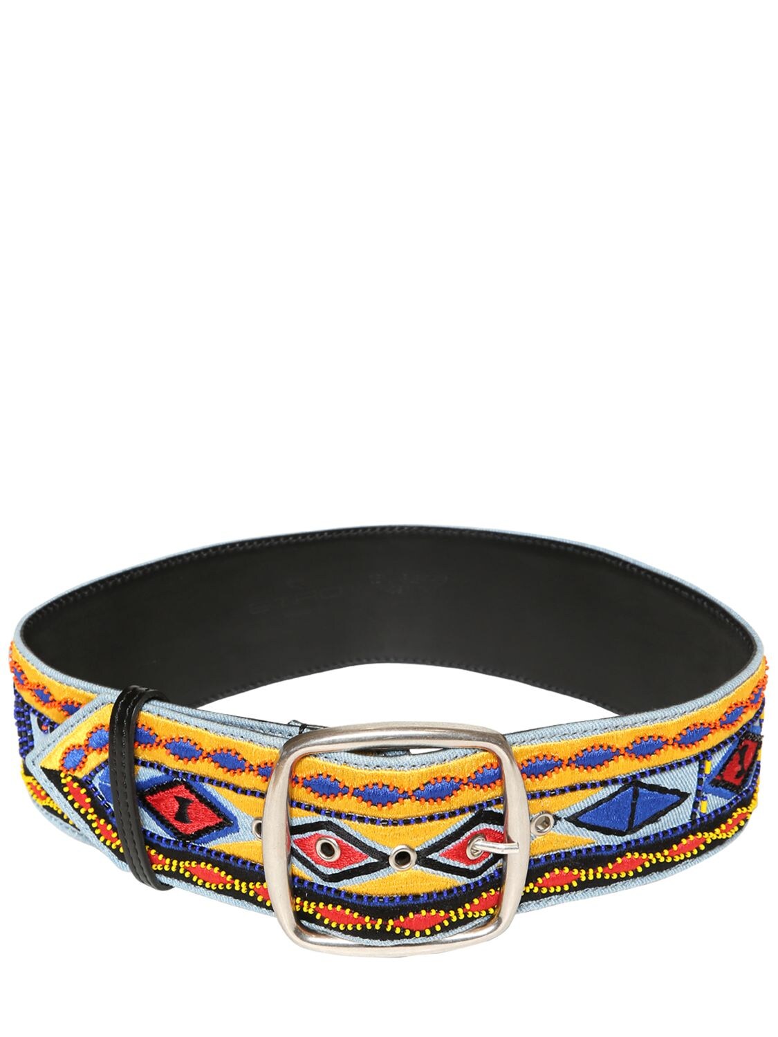 Etro Embroidered Leather Belt In Blue,yellow