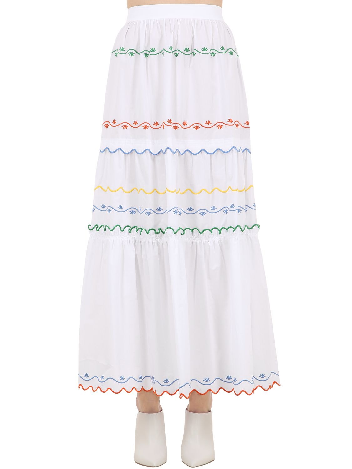 TORY BURCH EMBROIDERED COTTON POPLIN LONG SKIRT,69IE4B001-MTAW0