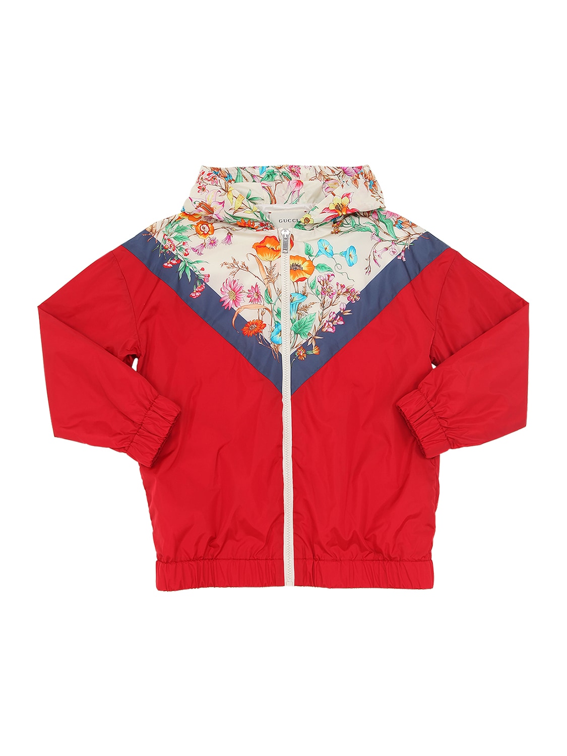 Gucci Kids' Floral Print Nylon Zip-up Jacket In Red,multi