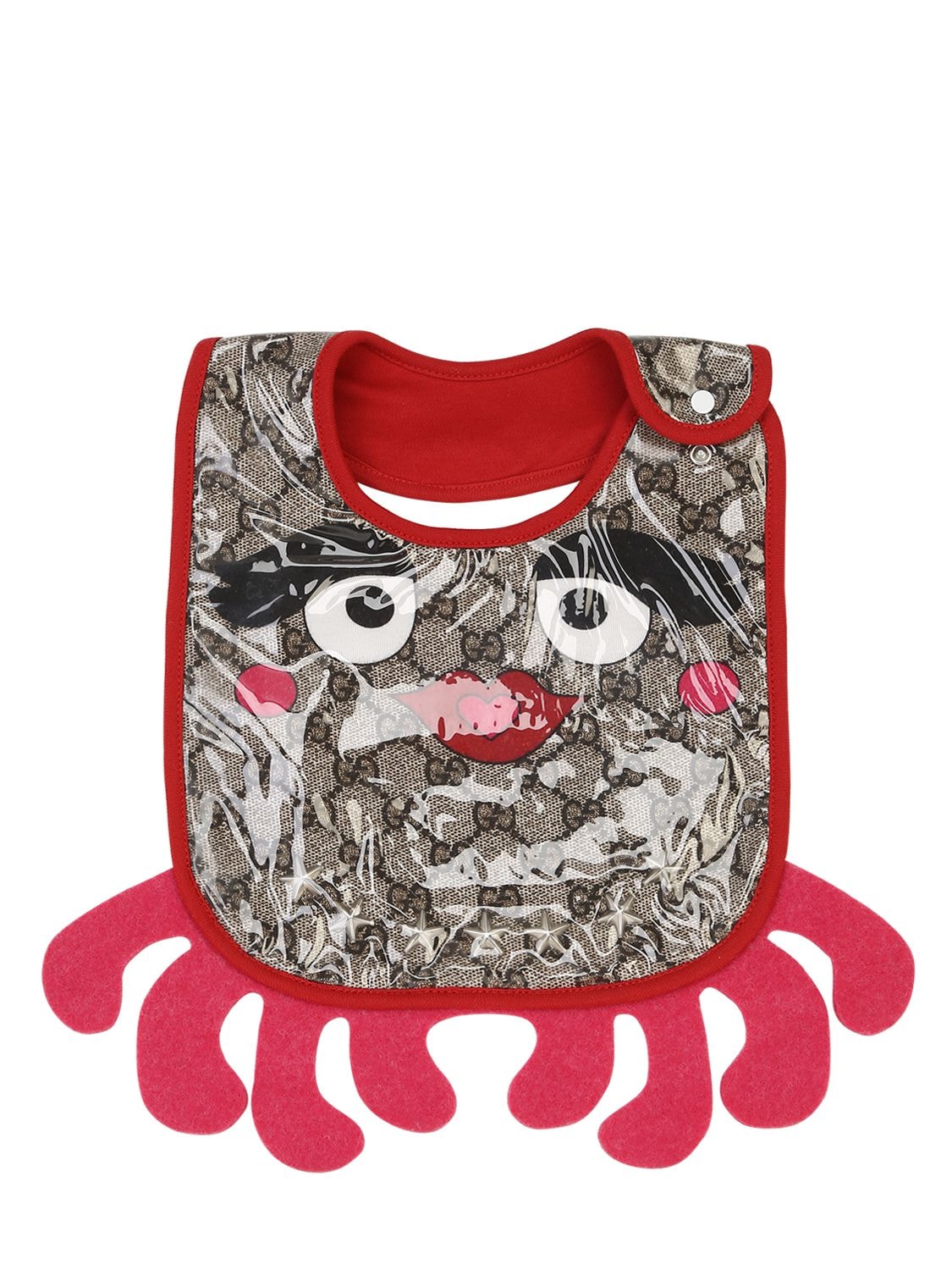 Gucci Kids' Octopus Print Laminated Cotton Bib In Beige,fuchsia