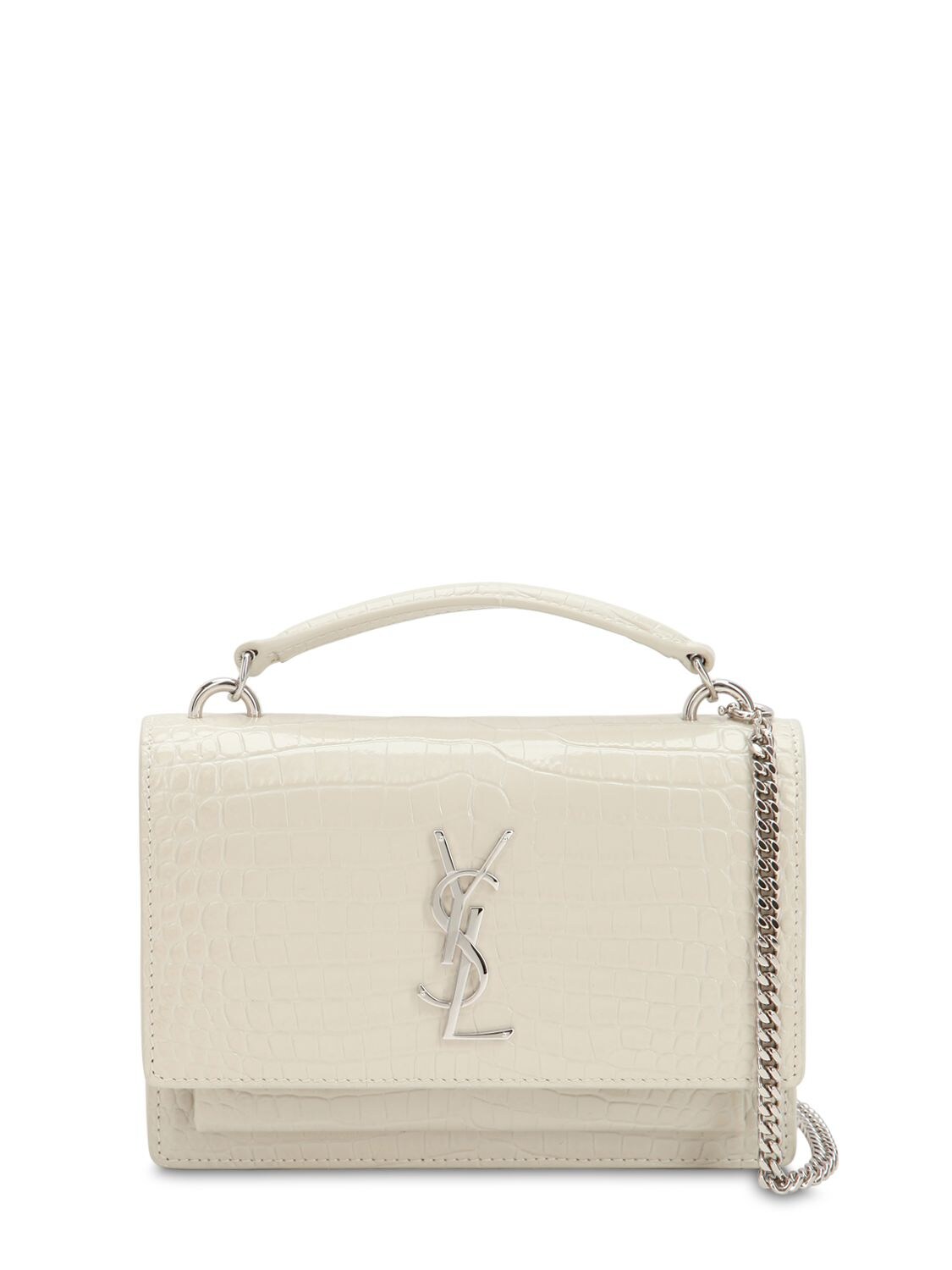 Saint Laurent Small Sunset Croc Embossed Leather Bag In White