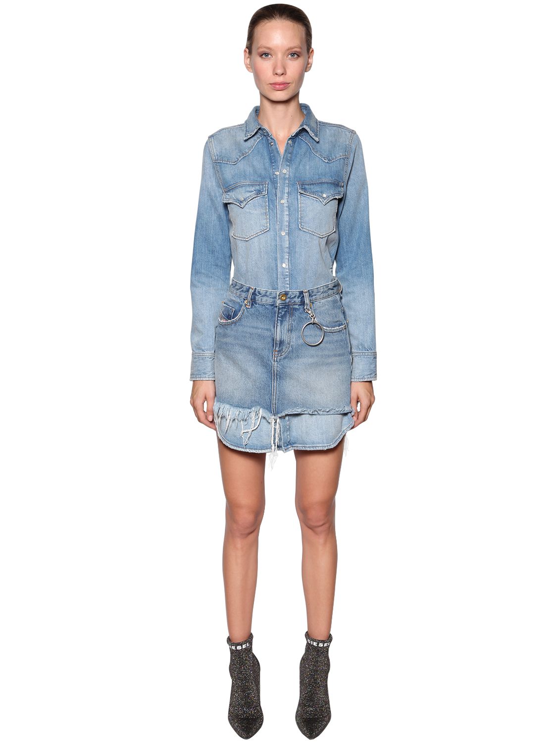 diesel denim shirt dress with skirt overlay DIESEL Denim Shirt Dress With Skirt Overlay in Blue