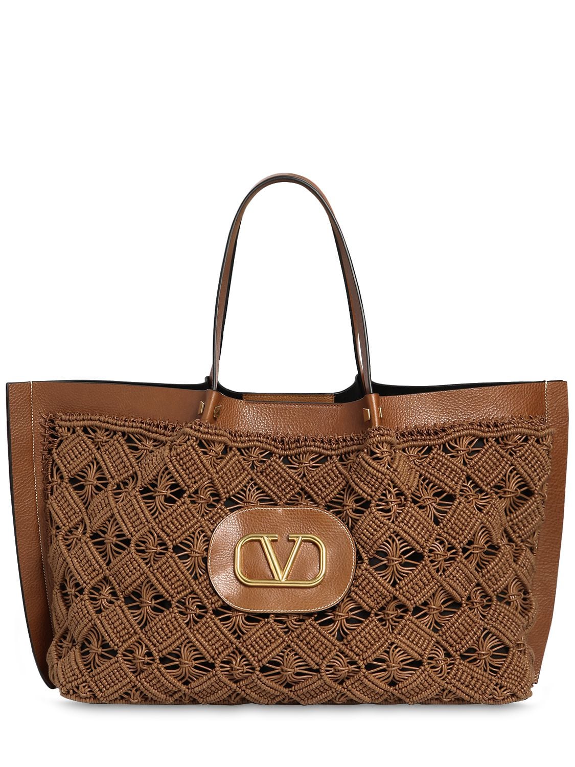 Valentino Garavani Logo Macramé & Leather Escape Tote Bag In Tan