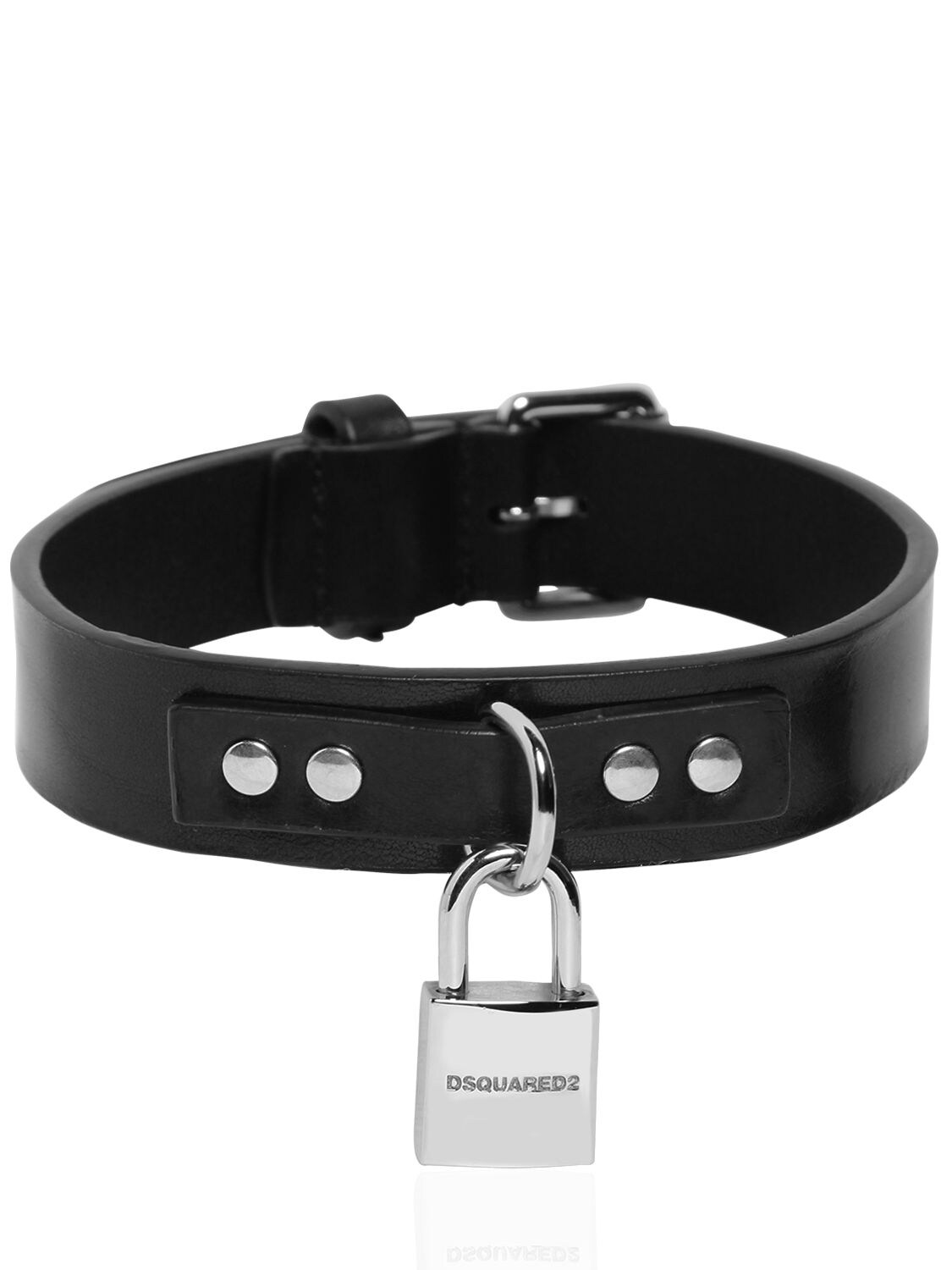 Dsquared2 Leather Collar W/ Detachable Logo In Black,palladium