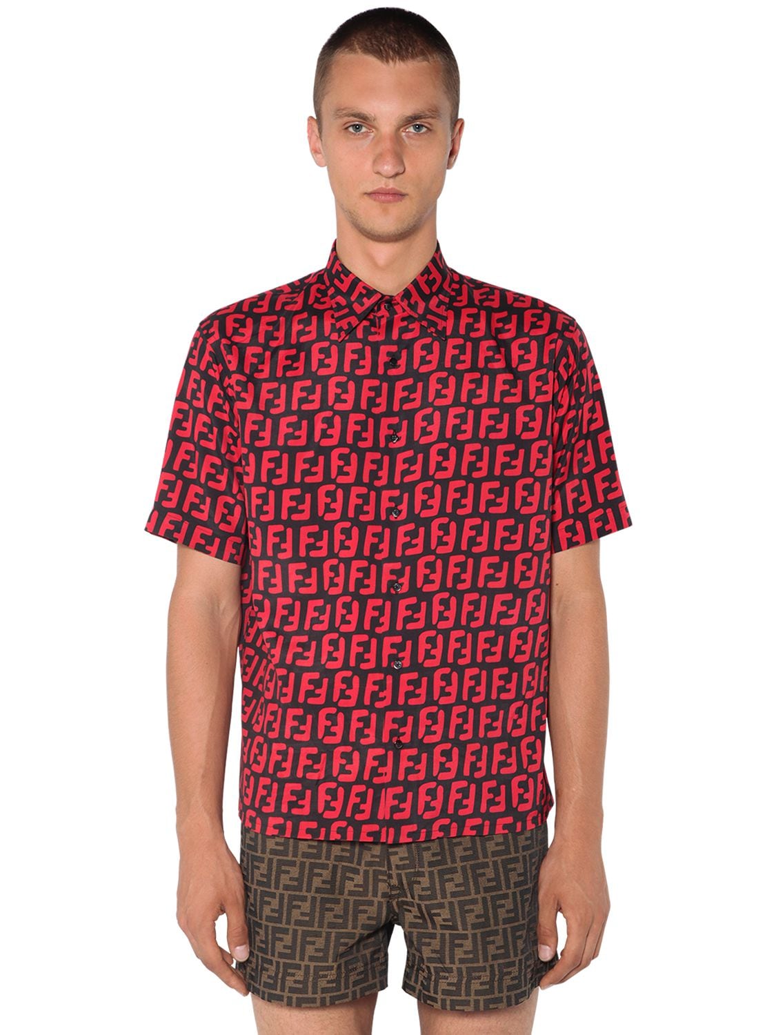 Fendi Allover Printed Bowling Shirt In Black,red