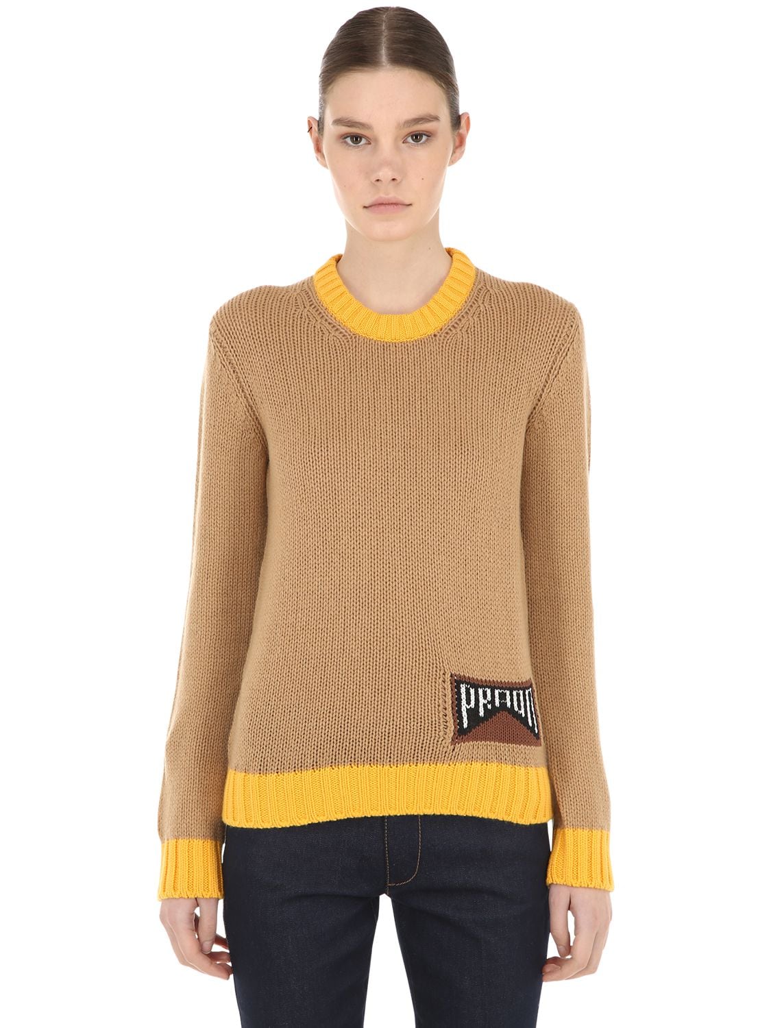 Prada Logo Cashmere Sweater In Camel,yellow