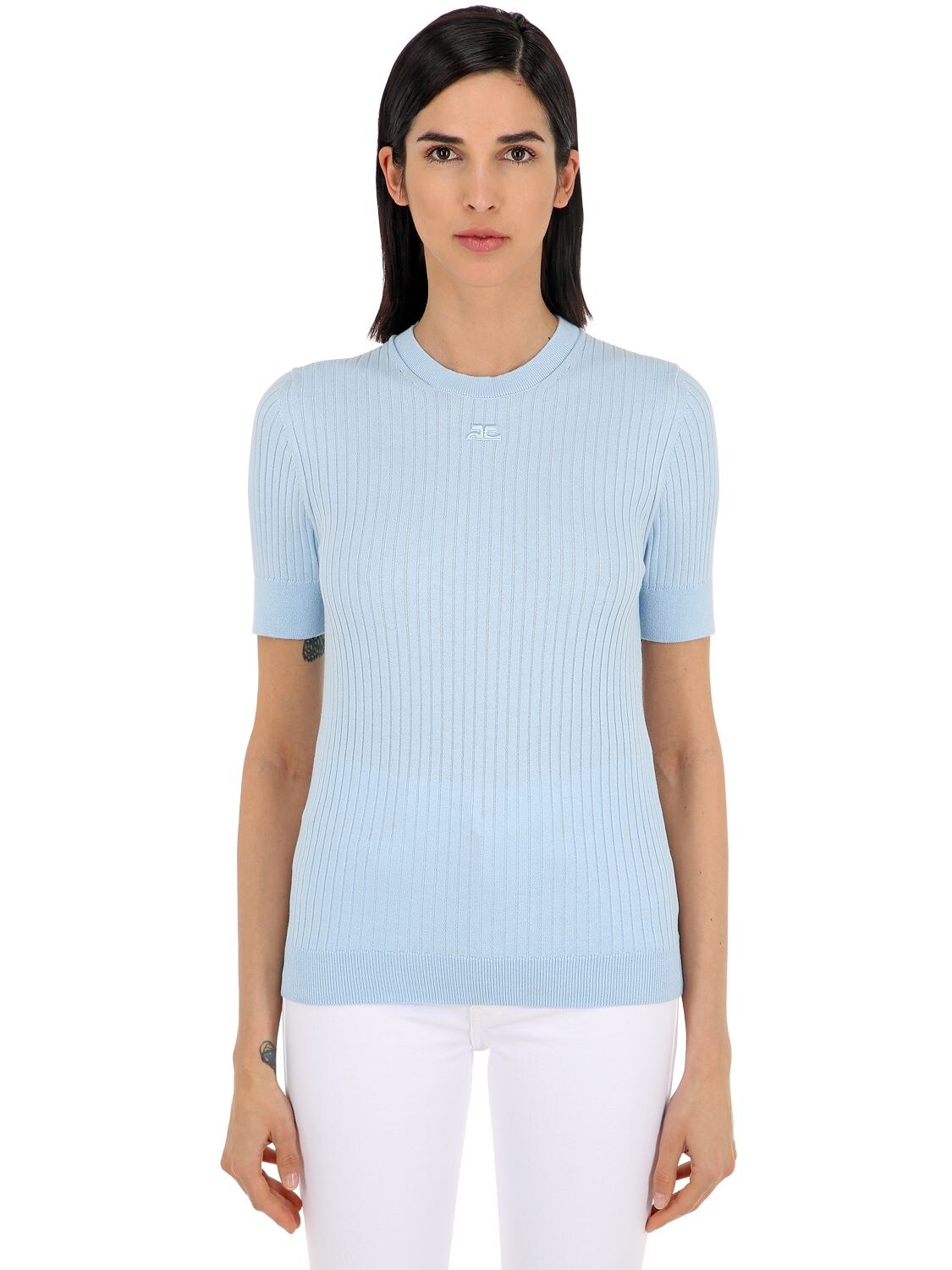 Courrèges Logo Ribbed Cotton Knit Top In Light Blue