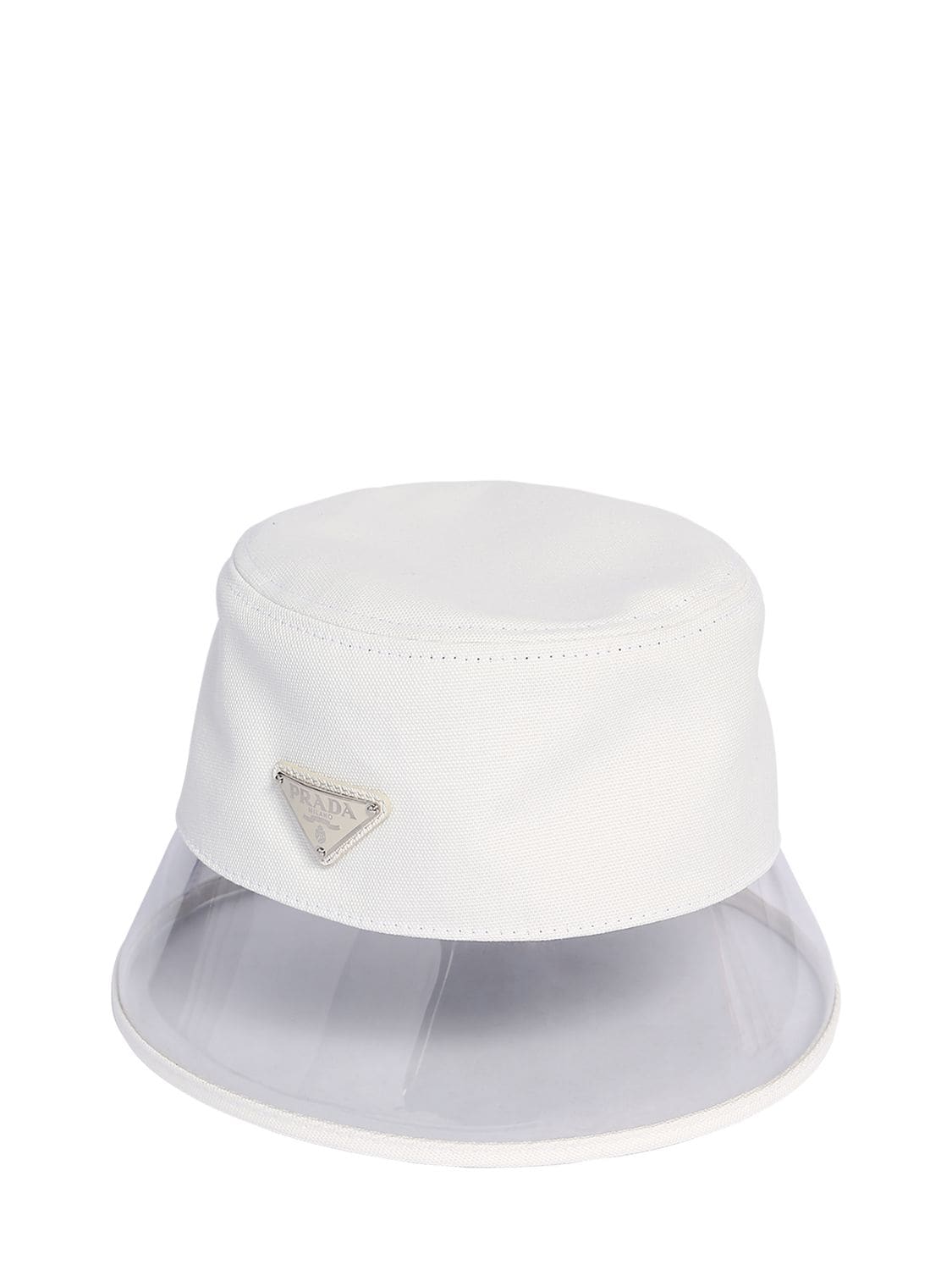 Prada Cotton & Plexi Bucket Hat W/ Logo Tag In White
