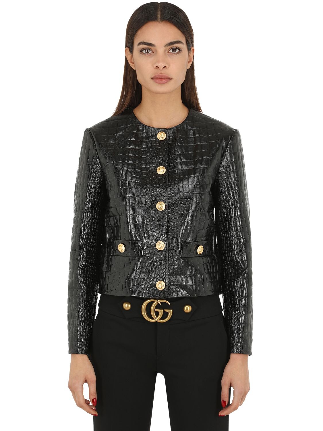 Gucci Croc Embossed Leather Jacket In 1000 Black