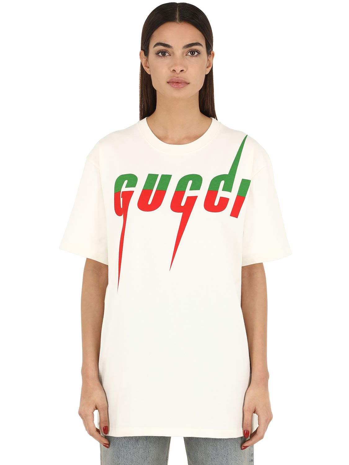 Shop Gucci Oversize Printed Cotton Jersey T-shirt In Off White