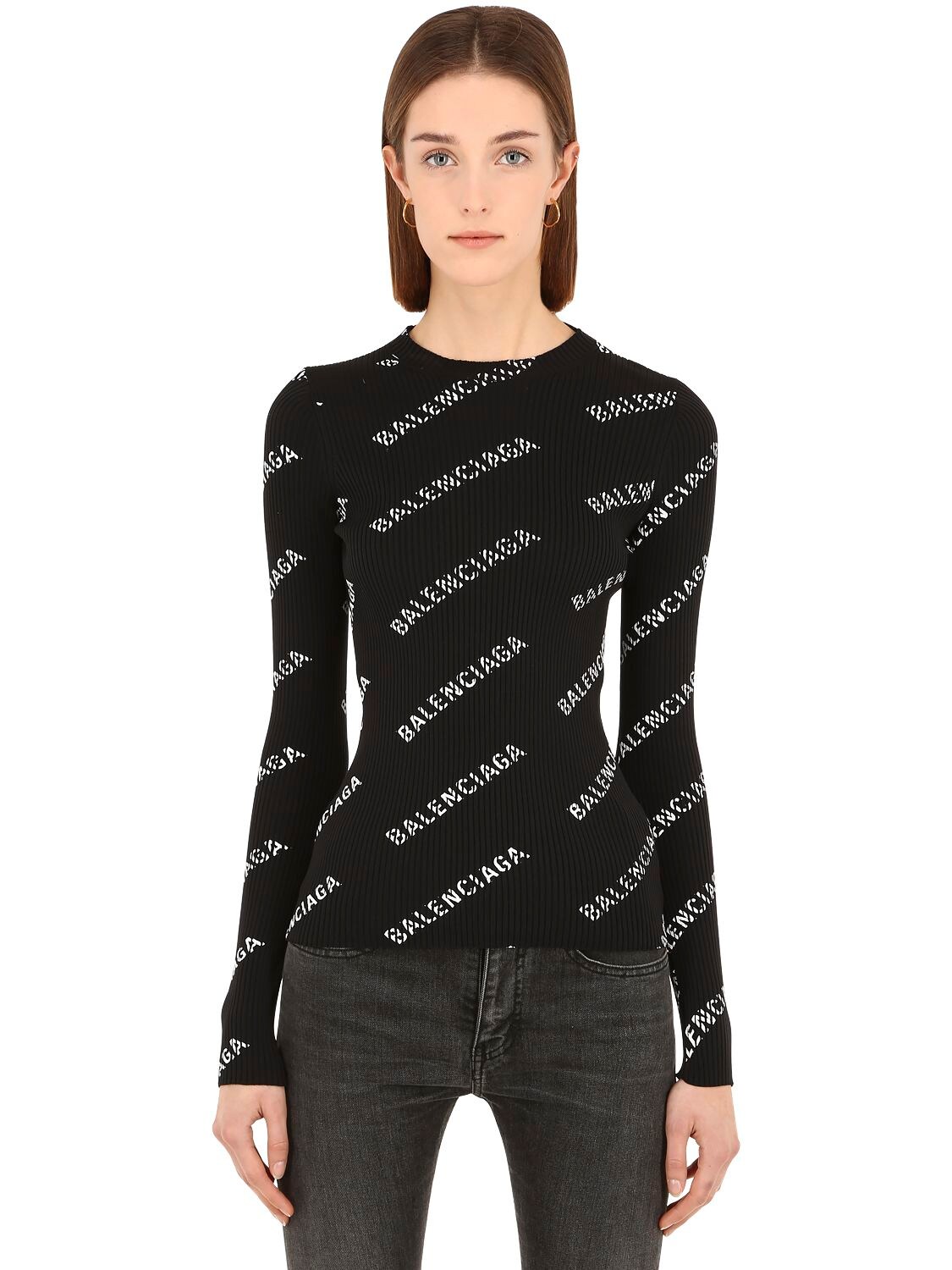 Balenciaga - Logo printed rib knit sweater - Black | Luisaviaroma