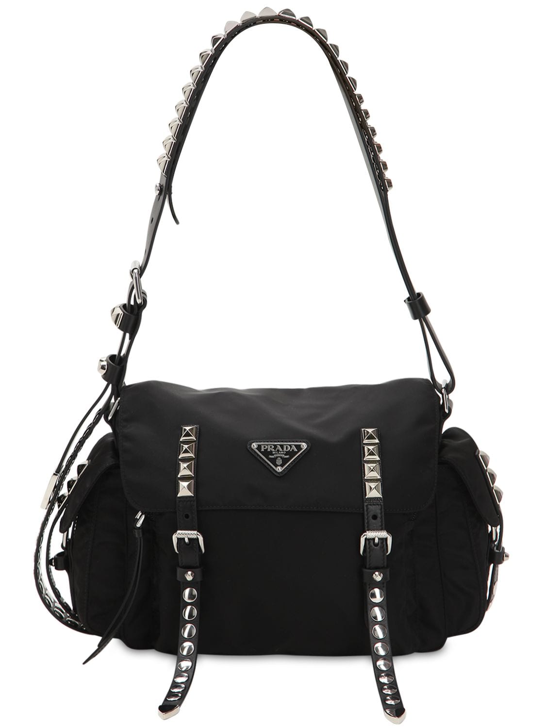Prada New Vela Nylon Bag W/ Studs In Black