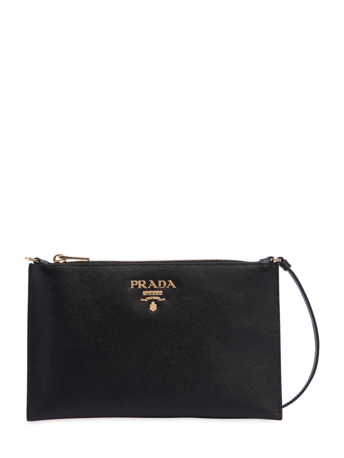 Prada Saffiano Leather Flat Shoulder Bag In Black