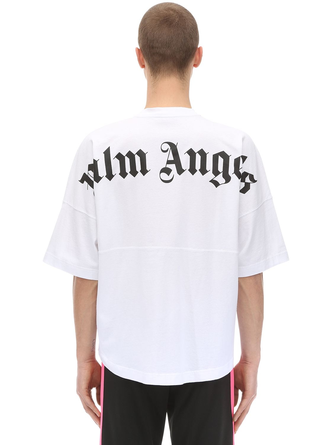 Palm Angels Logo Print Over Cotton Jersey T-shirt In Black,white 