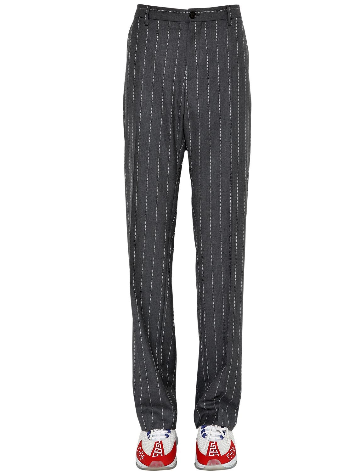 Versace Pinstriped Wool Trousers In Grey