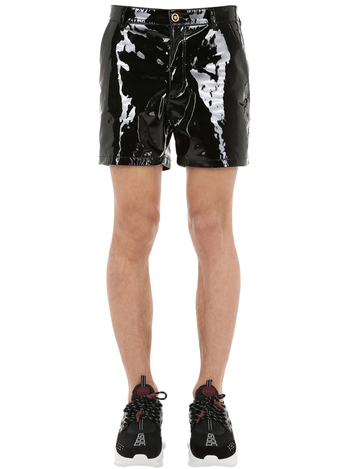 Versace Patent Leather Shorts In Black